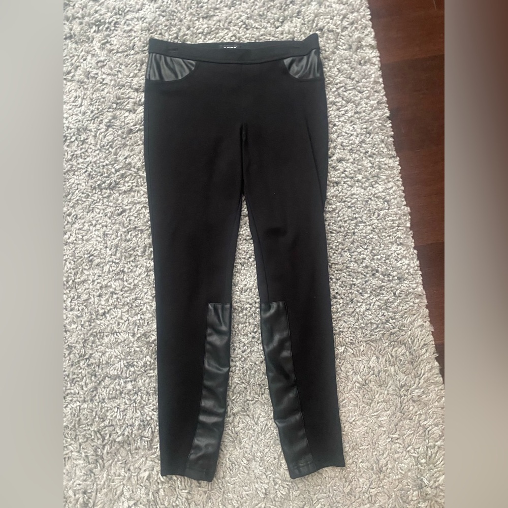DKNY Black Leggings with Faux Leather Detail